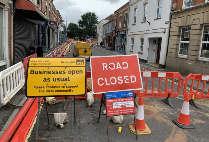 Wessex water roadworks in Market Street, Highbridge