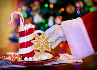 santa claus, hot chocolate, christmas cookies