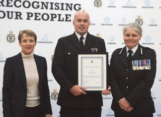 Burnham-On-Sea.com: PC Christopher Hinchliffe with Chief Constable Sarah Crew and Police and Crime Commissioner Clare Moody