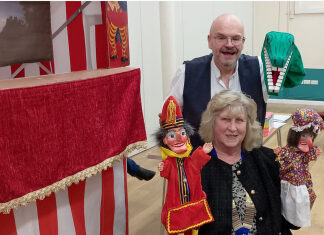 Burnham-On-Sea ‘Punch and Judy artist’ Professor Paul Wheeler with Moose President Rita Harris